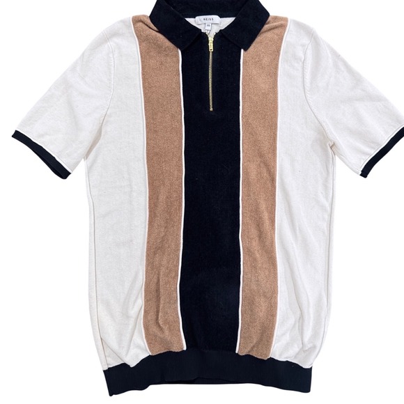 REISS Mens Striped Quarter Zip Polo‎ Shirt Short Size Small